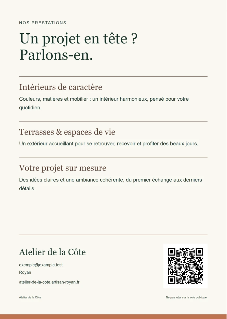 Verso du flyer A5 de l’Atelier de la Côte